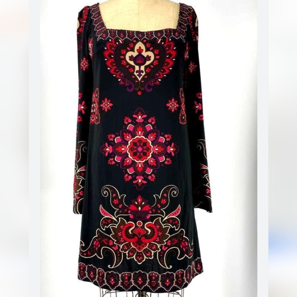 INC International Concepts Black Printed Square Neck Shift Dress